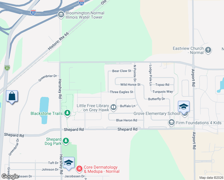 map of restaurants, bars, coffee shops, grocery stores, and more near 1200 Big Horn Way in Normal
