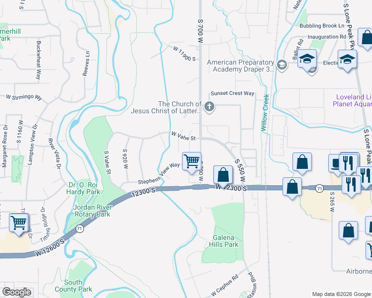 map of restaurants, bars, coffee shops, grocery stores, and more near 12152 735 West in Draper