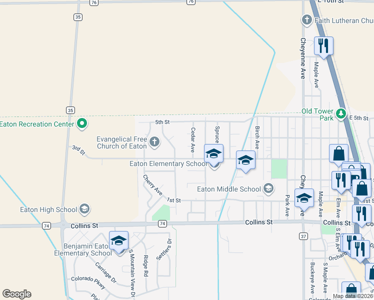 map of restaurants, bars, coffee shops, grocery stores, and more near 1205 3rd Street Road in Eaton