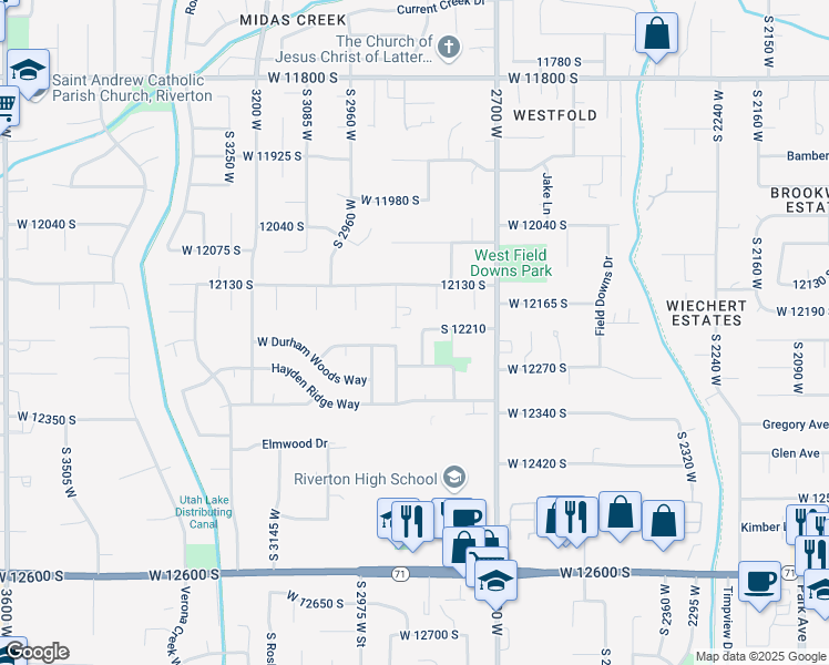 map of restaurants, bars, coffee shops, grocery stores, and more near 12175 2845 West in Riverton