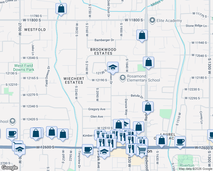 map of restaurants, bars, coffee shops, grocery stores, and more near 2026 West 12190 South in Riverton
