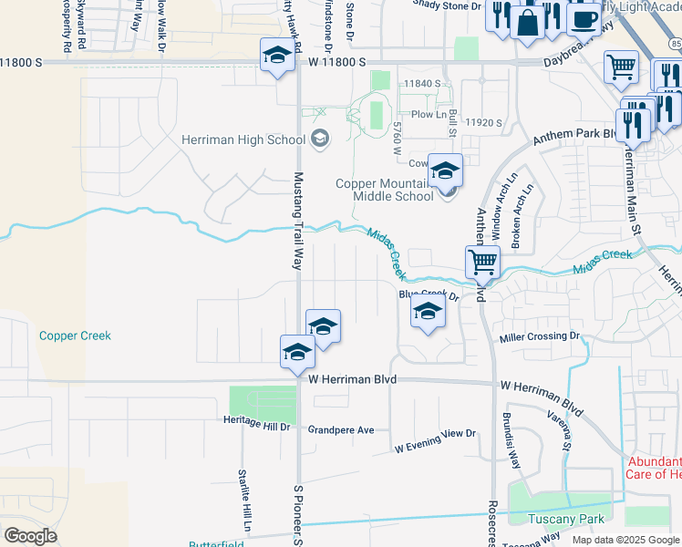 map of restaurants, bars, coffee shops, grocery stores, and more near 12099 Mustang Trail Way in Herriman