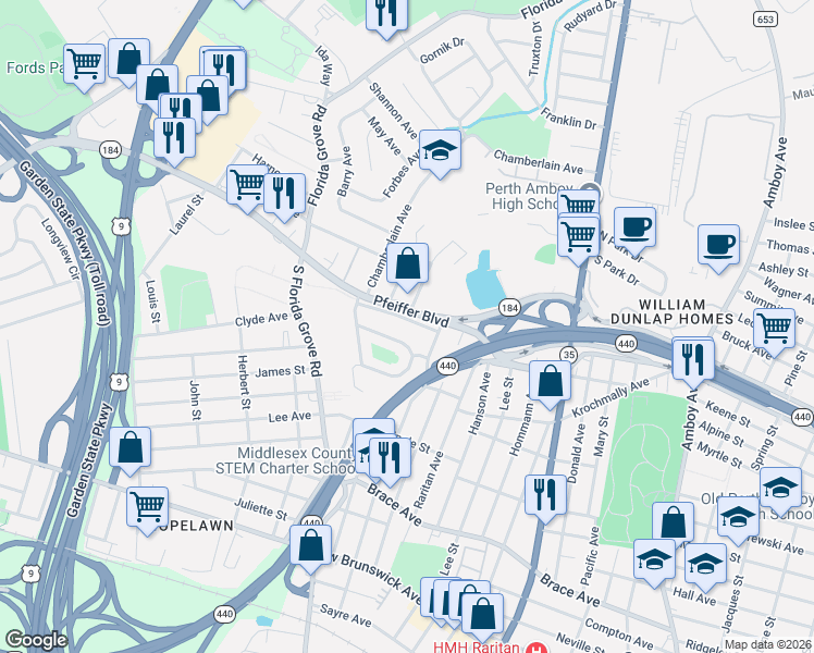 map of restaurants, bars, coffee shops, grocery stores, and more near 696 Pfeiffer Boulevard in Perth Amboy