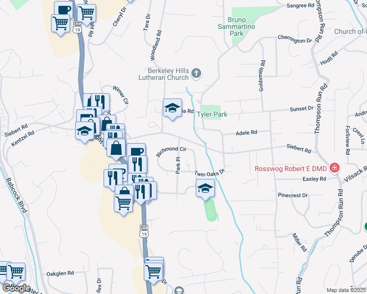 map of restaurants, bars, coffee shops, grocery stores, and more near 633 Park Place in Pittsburgh