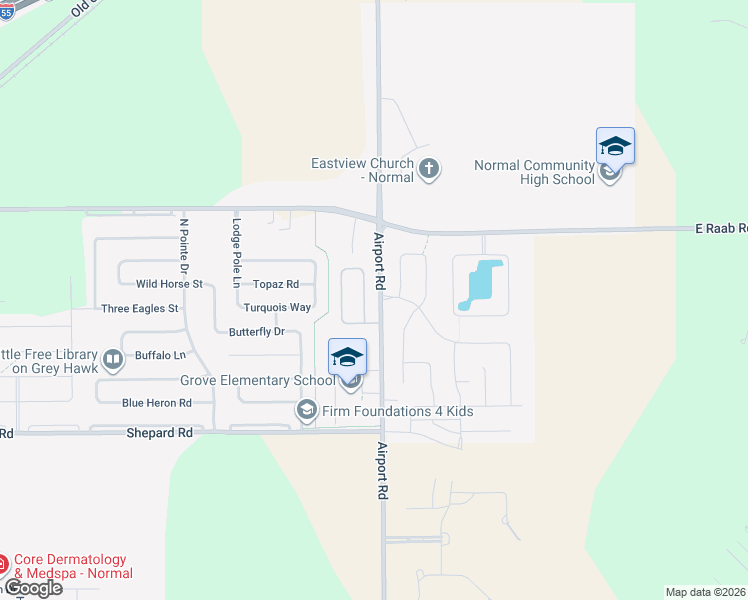 map of restaurants, bars, coffee shops, grocery stores, and more near 1227 Cake Bread Road in Normal