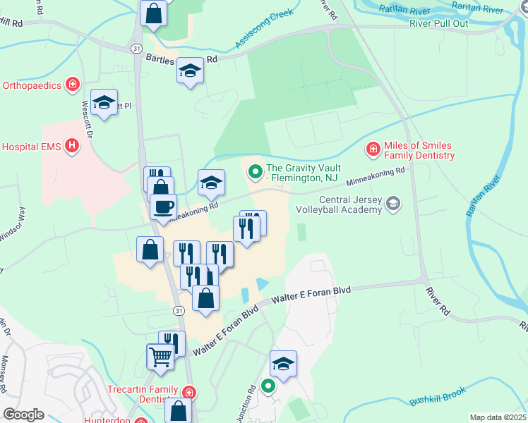 map of restaurants, bars, coffee shops, grocery stores, and more near 12 Minneakoning Road in Flemington