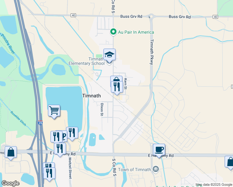 map of restaurants, bars, coffee shops, grocery stores, and more near 4128 Main Street in Timnath