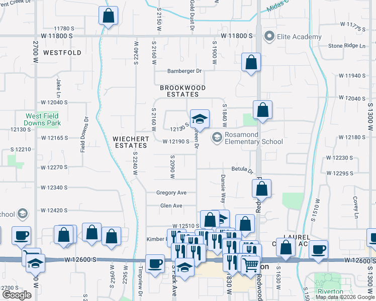 map of restaurants, bars, coffee shops, grocery stores, and more near 2026 West 12190 South in Riverton