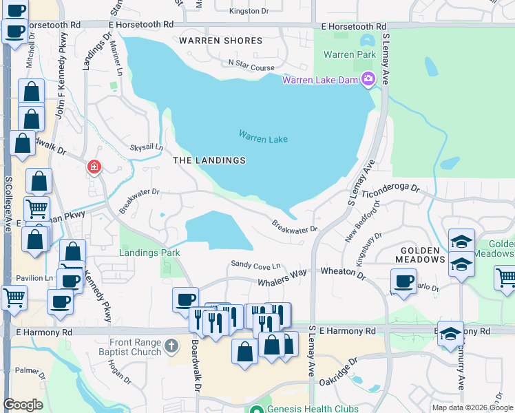 map of restaurants, bars, coffee shops, grocery stores, and more near 900 Breakwater Drive in Fort Collins