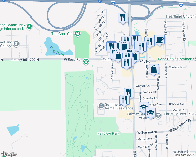 map of restaurants, bars, coffee shops, grocery stores, and more near 712 North Golfcrest Road in Normal