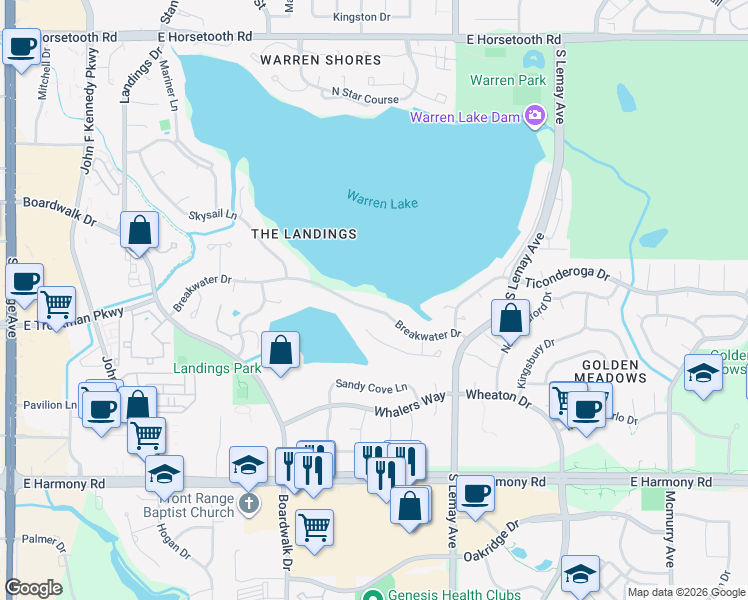 map of restaurants, bars, coffee shops, grocery stores, and more near 900 Breakwater Drive in Fort Collins