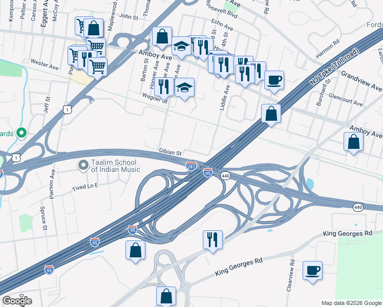 map of restaurants, bars, coffee shops, grocery stores, and more near 29 Plymouth Place in Edison
