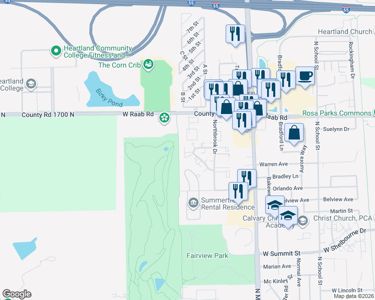 map of restaurants, bars, coffee shops, grocery stores, and more near 712 North Golfcrest Road in Normal