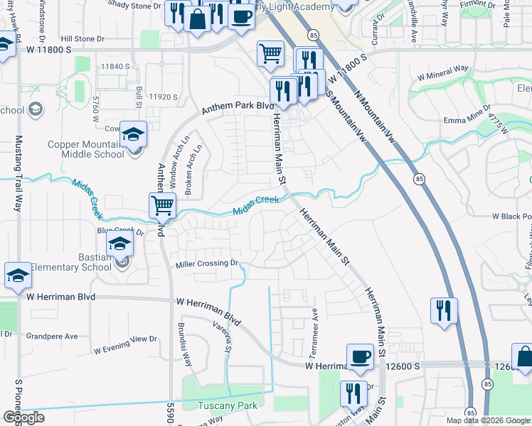 map of restaurants, bars, coffee shops, grocery stores, and more near 5331 West Croyden Lane in Herriman