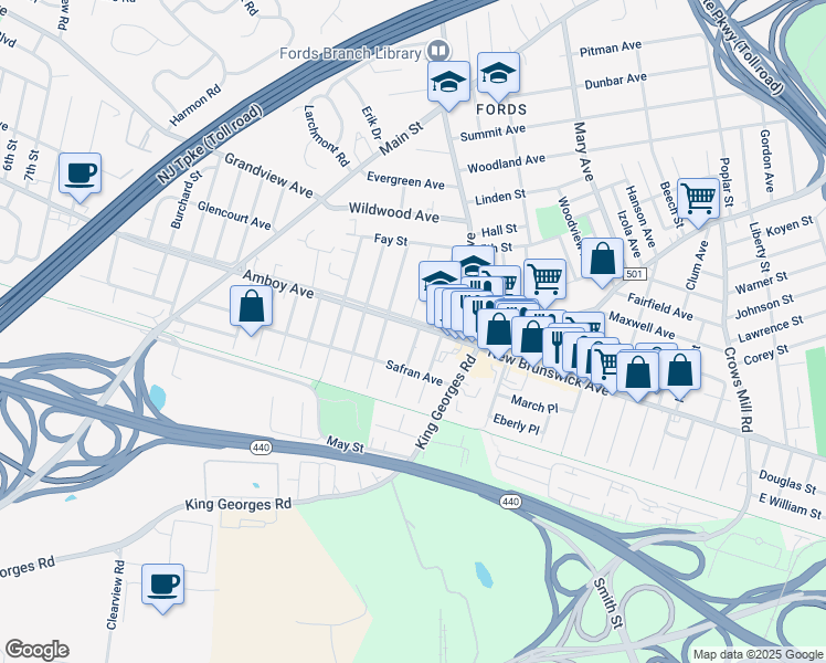 map of restaurants, bars, coffee shops, grocery stores, and more near 7 Franklin Avenue in Edison