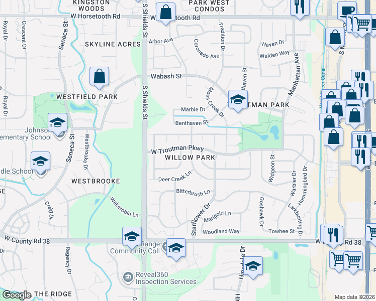 map of restaurants, bars, coffee shops, grocery stores, and more near 4118 Dillon Way in Fort Collins