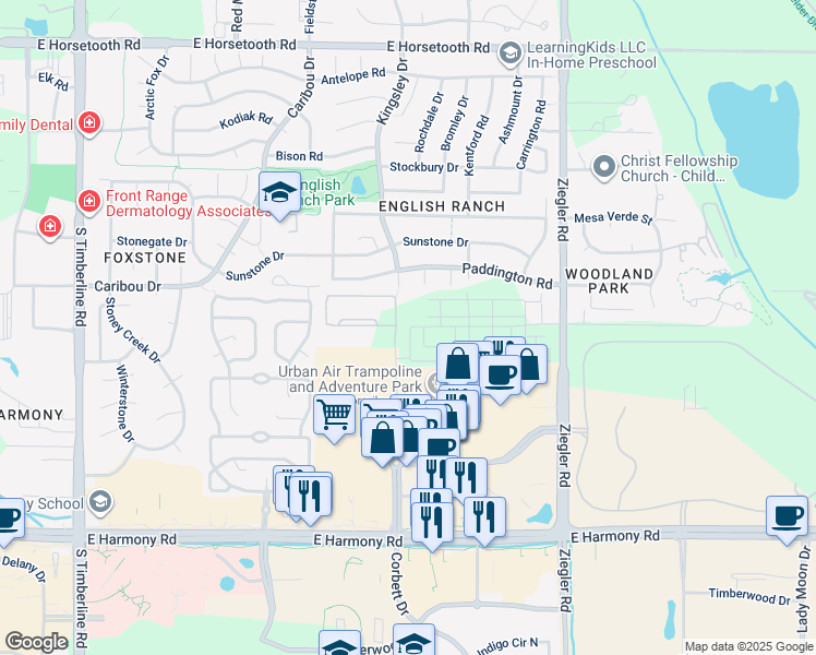 map of restaurants, bars, coffee shops, grocery stores, and more near 4063 Kingsley Court in Fort Collins