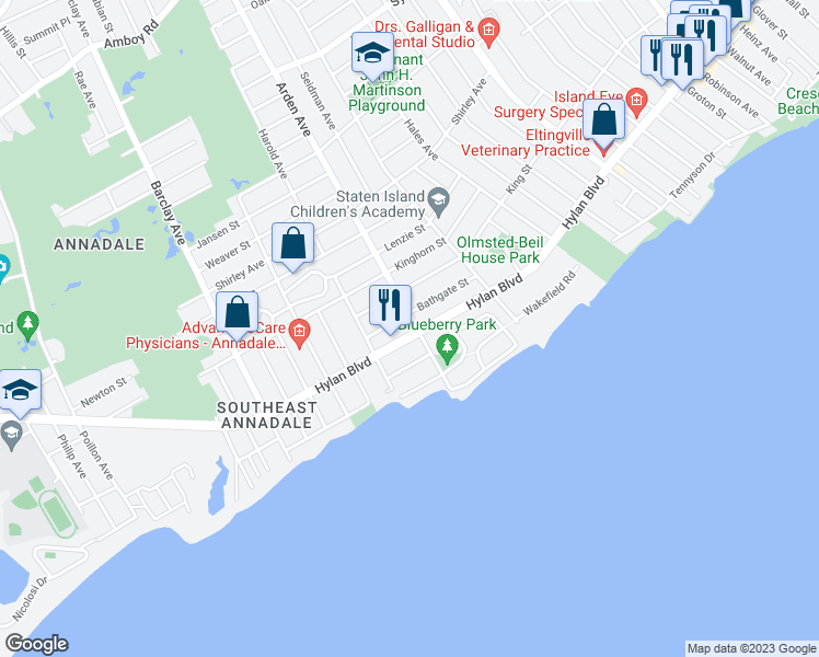 map of restaurants, bars, coffee shops, grocery stores, and more near 4651 Hylan Boulevard in Staten Island