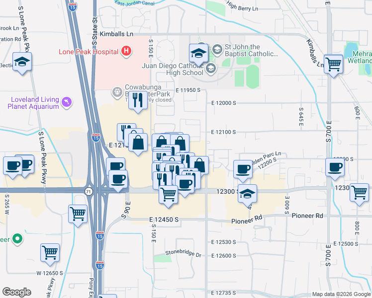 map of restaurants, bars, coffee shops, grocery stores, and more near 264 East Pebble Hollow Way in Draper