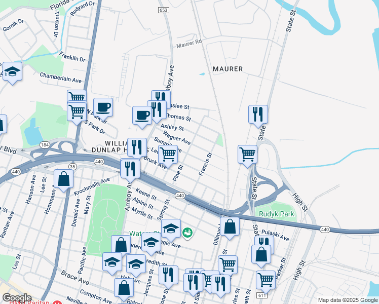 map of restaurants, bars, coffee shops, grocery stores, and more near 364 Wagner Avenue in Perth Amboy