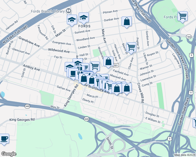 map of restaurants, bars, coffee shops, grocery stores, and more near 827 King Georges Road in Woodbridge Township