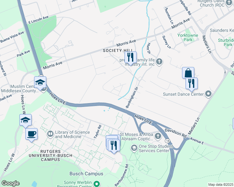 map of restaurants, bars, coffee shops, grocery stores, and more near 355 Lancaster Court in Piscataway