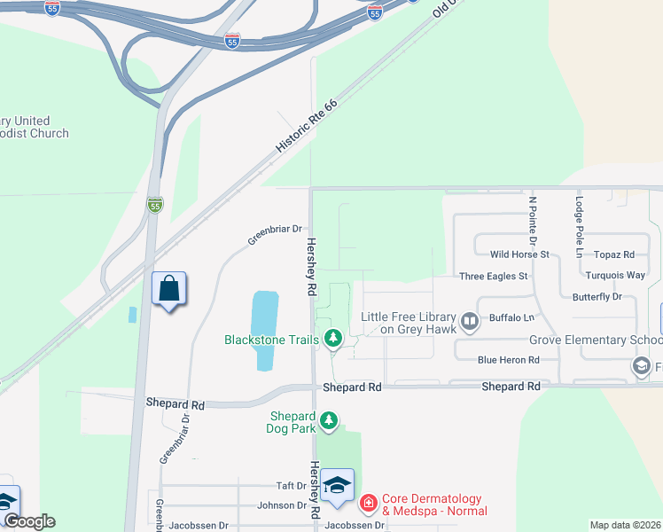 map of restaurants, bars, coffee shops, grocery stores, and more near 1503 Hershey Road in Normal