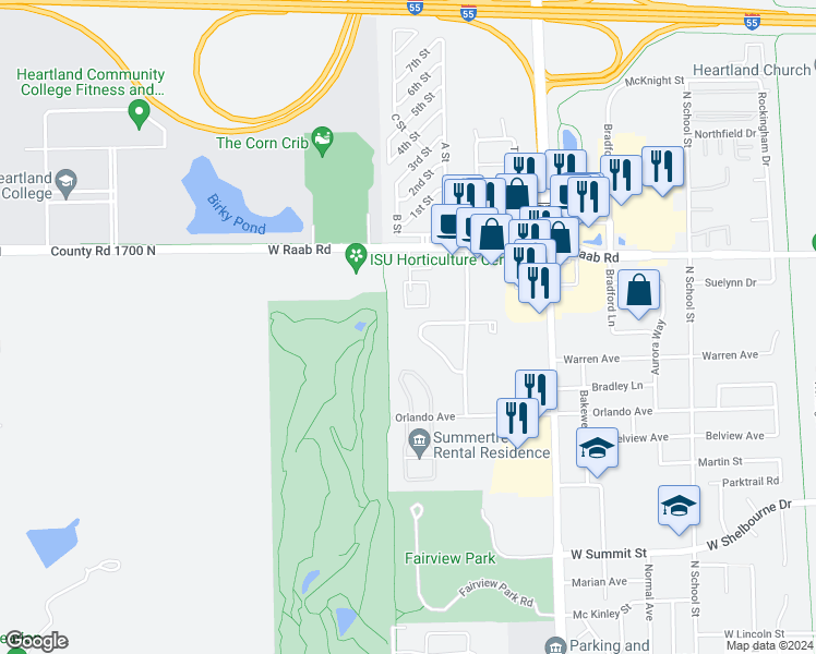 map of restaurants, bars, coffee shops, grocery stores, and more near 725 West Raab Road in Normal