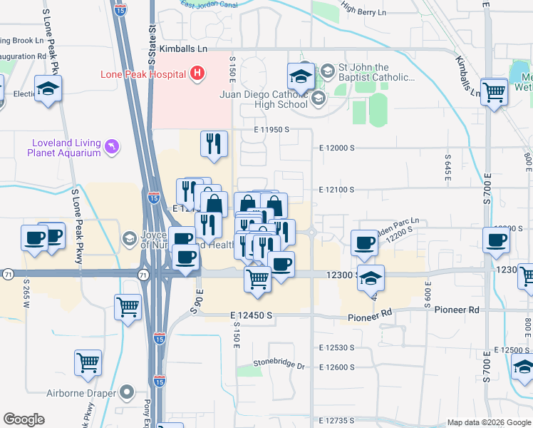 map of restaurants, bars, coffee shops, grocery stores, and more near 208 Spencer Peak Way in Draper
