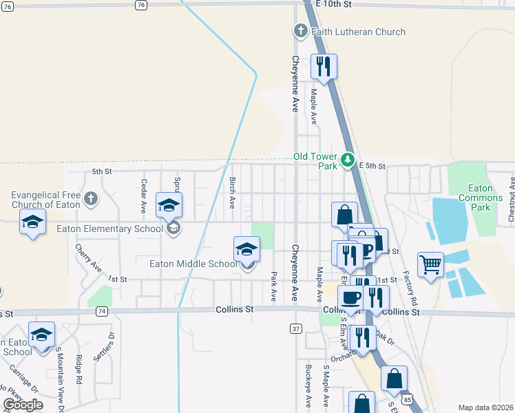 map of restaurants, bars, coffee shops, grocery stores, and more near 331 South Cottonwood Avenue in Eaton