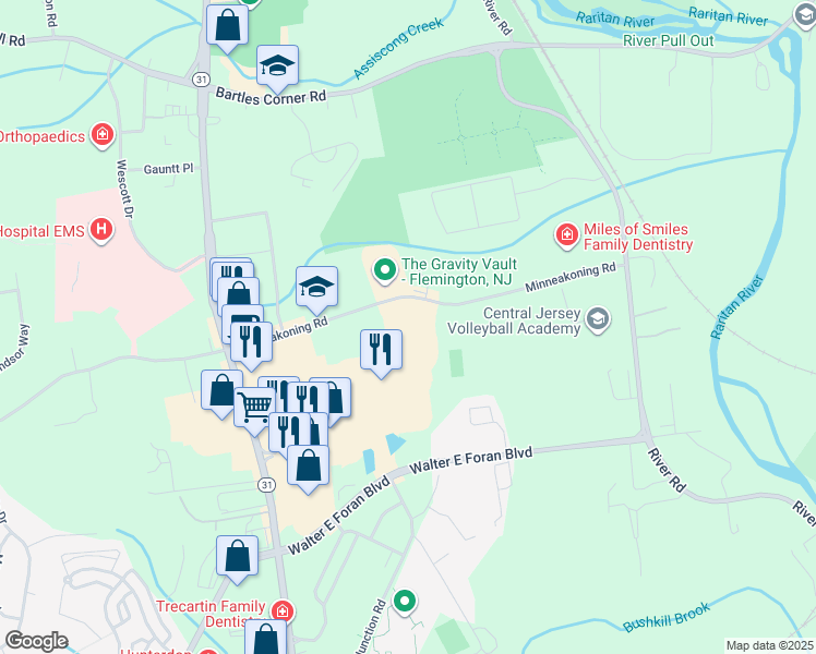 map of restaurants, bars, coffee shops, grocery stores, and more near 12 Minneakoning Road in Flemington