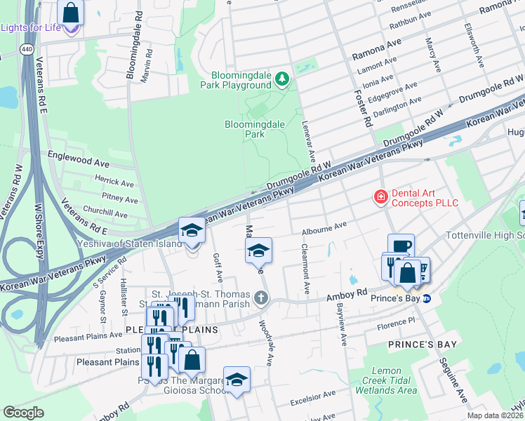map of restaurants, bars, coffee shops, grocery stores, and more near 489 Bradford Avenue in Staten Island