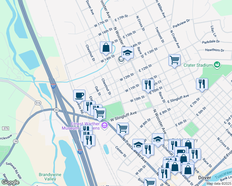 map of restaurants, bars, coffee shops, grocery stores, and more near 1113 North Walnut Street in Dover