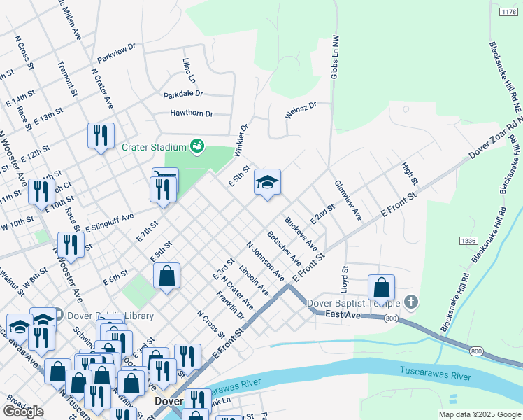 map of restaurants, bars, coffee shops, grocery stores, and more near 325 Betscher Avenue in Dover