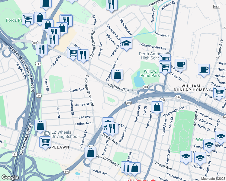 map of restaurants, bars, coffee shops, grocery stores, and more near 725 Lincoln Drive in Perth Amboy