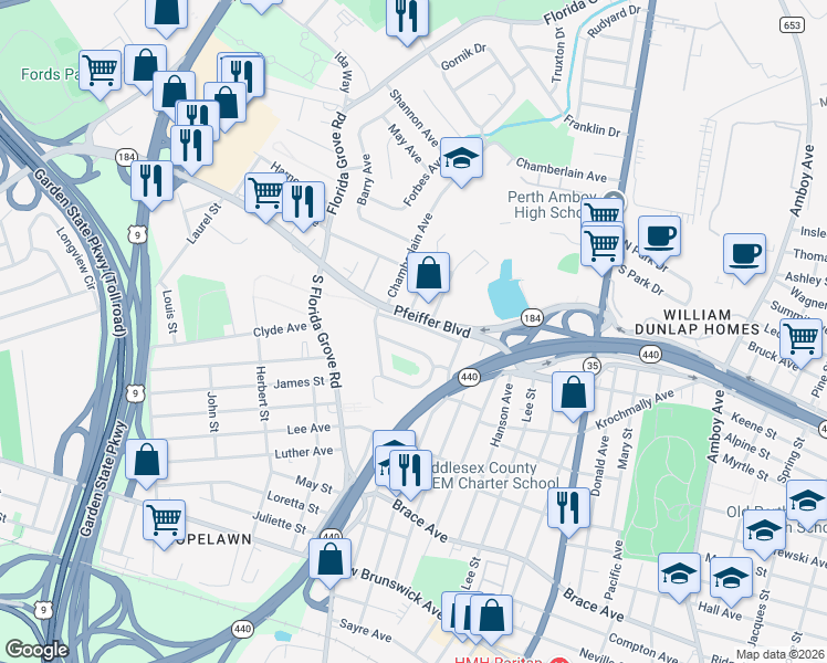 map of restaurants, bars, coffee shops, grocery stores, and more near 725 Lincoln Drive in Perth Amboy