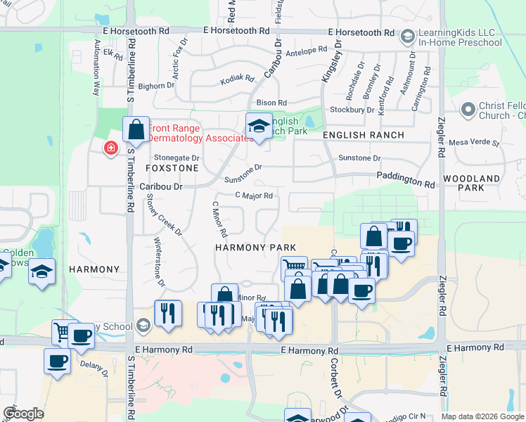 map of restaurants, bars, coffee shops, grocery stores, and more near 2437 Sunstone Dr in Fort Collins