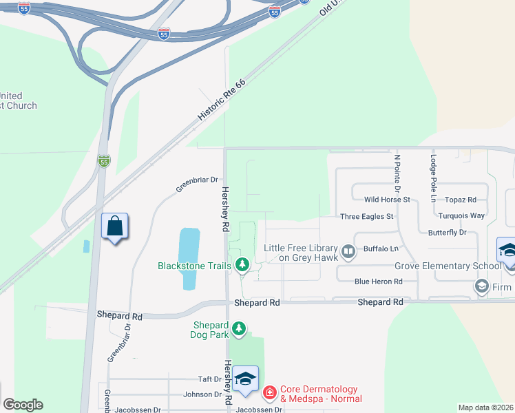 map of restaurants, bars, coffee shops, grocery stores, and more near 1503 Hershey Road in Normal