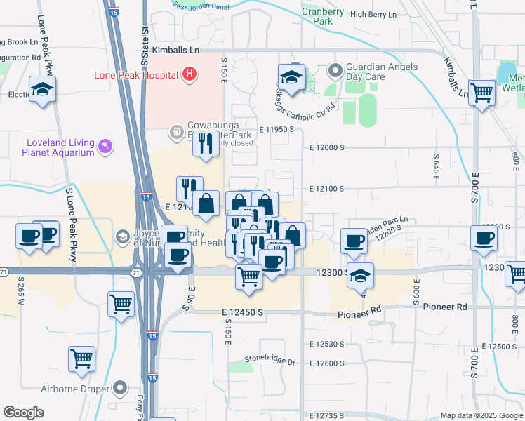 map of restaurants, bars, coffee shops, grocery stores, and more near 224 Spencer Peak Way in Draper
