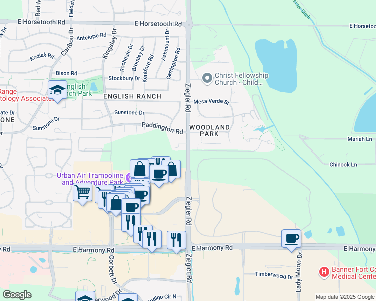 map of restaurants, bars, coffee shops, grocery stores, and more near 4167 Ziegler Road in Fort Collins