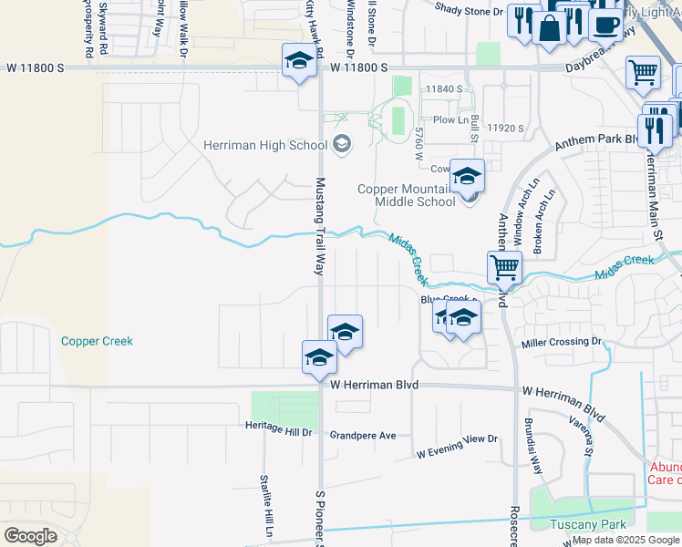 map of restaurants, bars, coffee shops, grocery stores, and more near 12197 South Tule Mountain Cove in Herriman