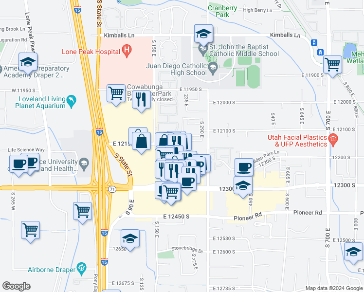map of restaurants, bars, coffee shops, grocery stores, and more near 264 East Pebble Hollow Way in Draper