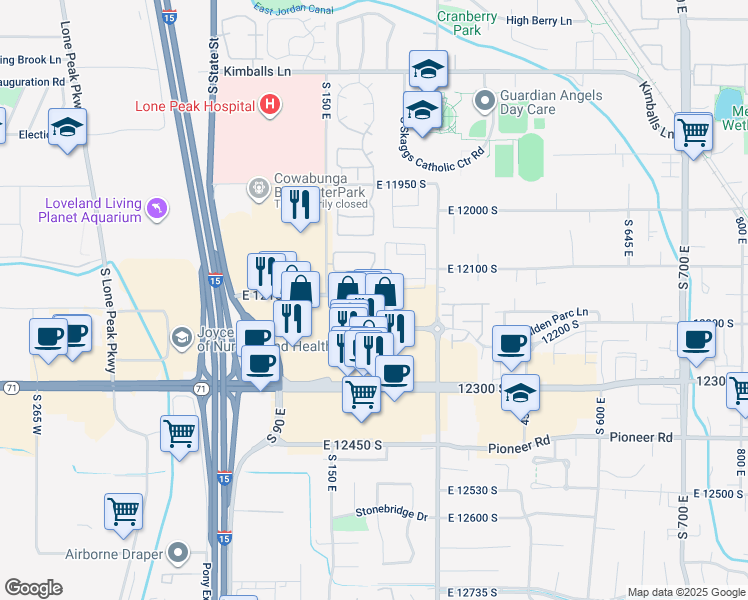 map of restaurants, bars, coffee shops, grocery stores, and more near 191 Spencer Peak Way in Draper