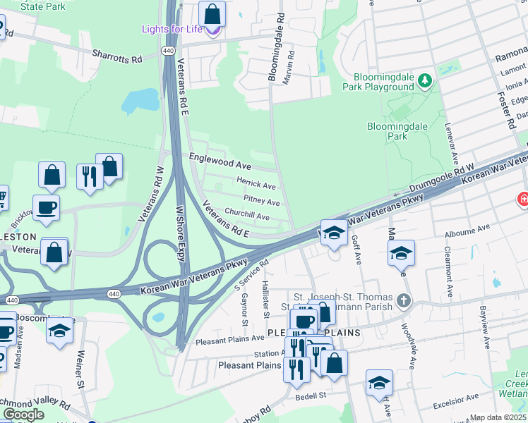 map of restaurants, bars, coffee shops, grocery stores, and more near 34 Pitney Avenue in Staten Island