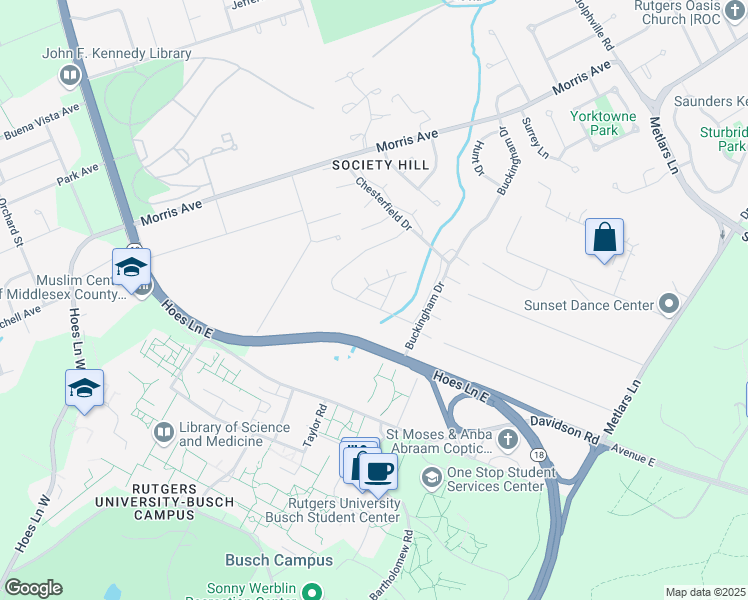 map of restaurants, bars, coffee shops, grocery stores, and more near 355 Lancaster Court in Piscataway