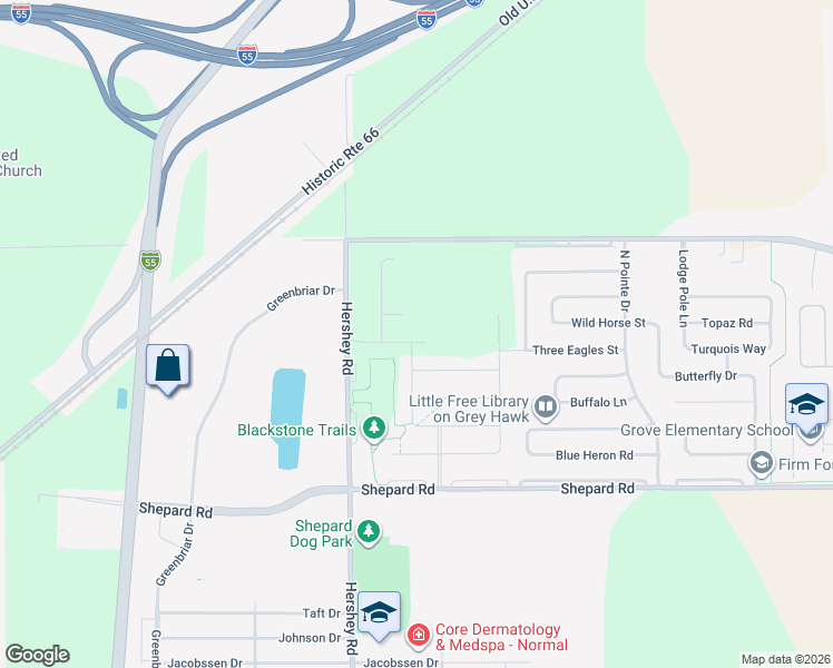 map of restaurants, bars, coffee shops, grocery stores, and more near 1121 Travertine Road in Normal