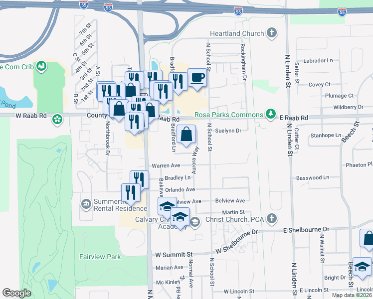 map of restaurants, bars, coffee shops, grocery stores, and more near 5 Plymouth Court in Normal