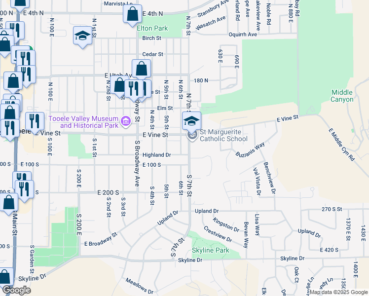 map of restaurants, bars, coffee shops, grocery stores, and more near 32 South 7th Street in Tooele