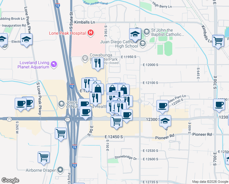 map of restaurants, bars, coffee shops, grocery stores, and more near 191 Spencer Peak Way in Draper