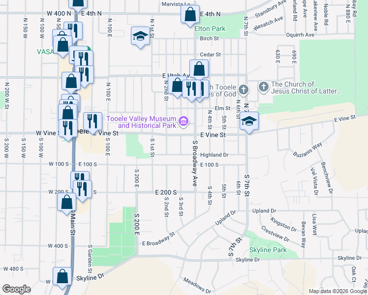 map of restaurants, bars, coffee shops, grocery stores, and more near 12 South Broadway Avenue in Tooele